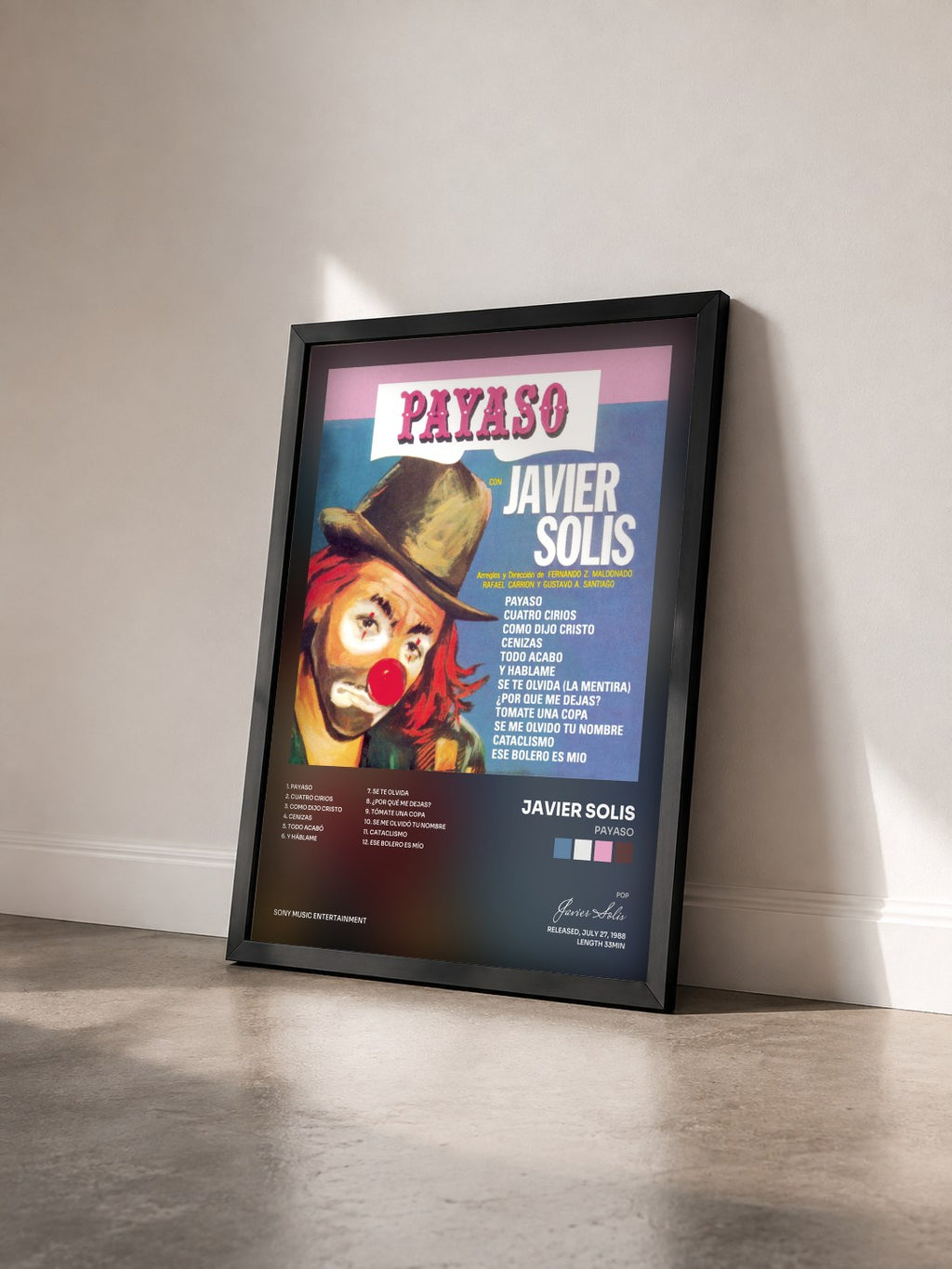 #noir Tableau de l'album Payaso de Javier Solis vu de trois quarts, cadre noir
