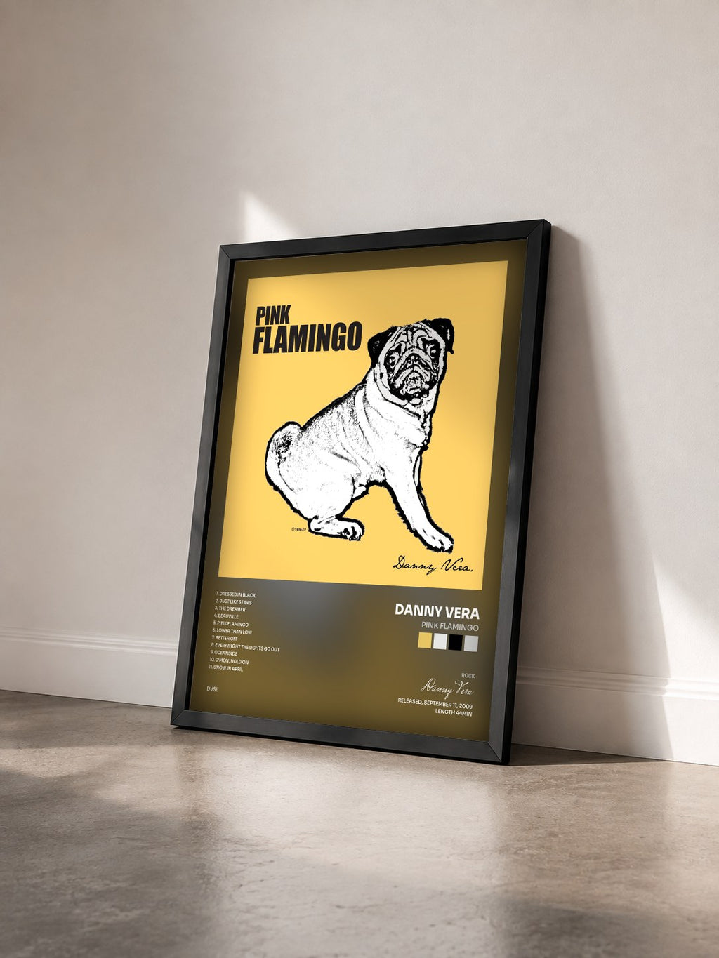 #noir Tableau de l'album Pink Flamingo de Danny Vera vu de trois quarts, cadre noir
