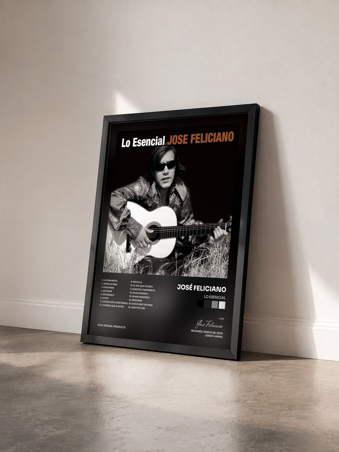 #noir Tableau de l'album Lo Esencial de José Feliciano vu de trois quarts, cadre noir