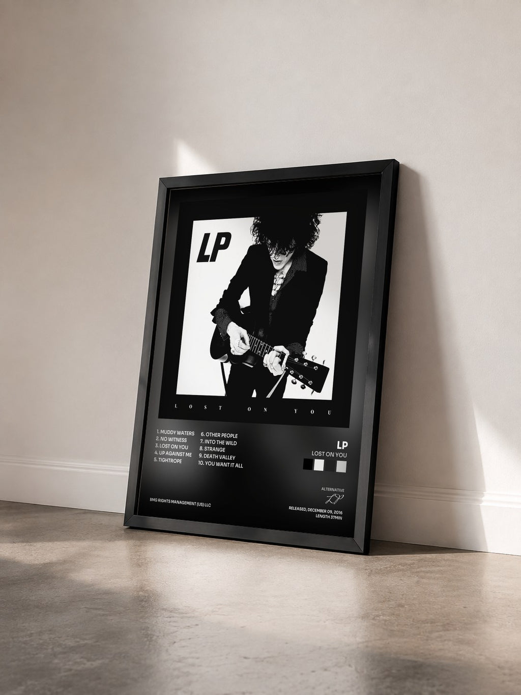 #noir Tableau de l'album Lost On You de LP vu de trois quarts, cadre noir