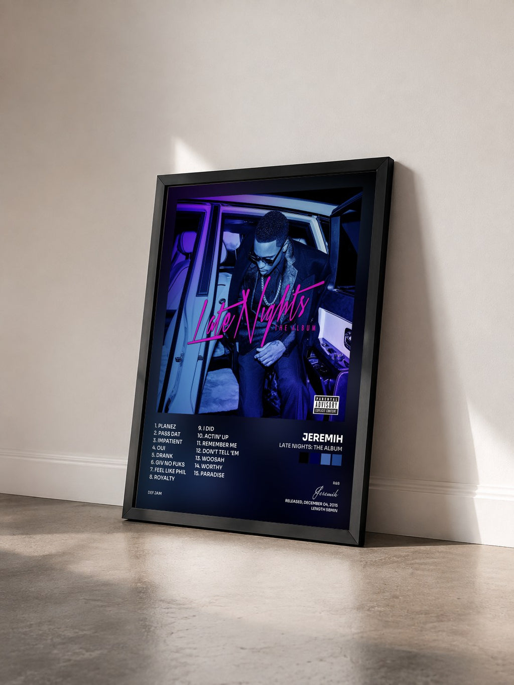 #noir Tableau de l'album Late Nights: The Album de Jeremih vu de trois quarts, cadre noir