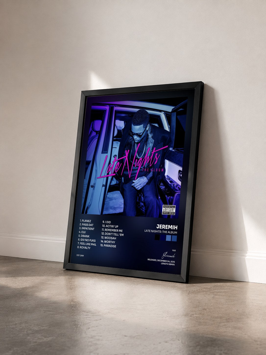 #noir Tableau de l'album Late Nights: The Album de Jeremih vu de trois quarts, cadre noir