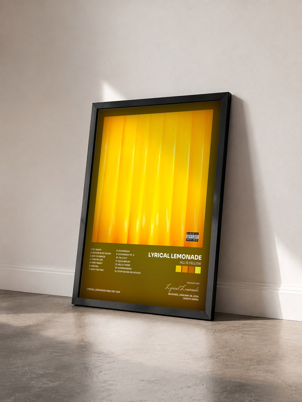 #noir Tableau de l'album All Is Yellow de Lyrical Lemonade vu de trois quarts, cadre noir