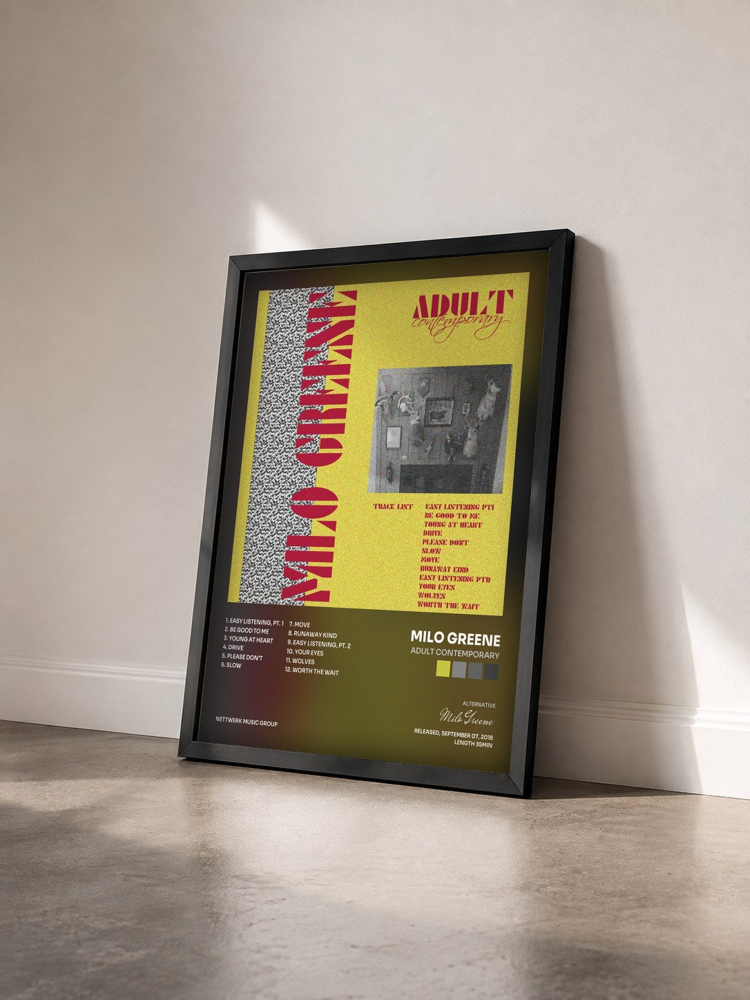 #noir Tableau de l'album Adult Contemporary de Milo Greene vu de trois quarts, cadre noir