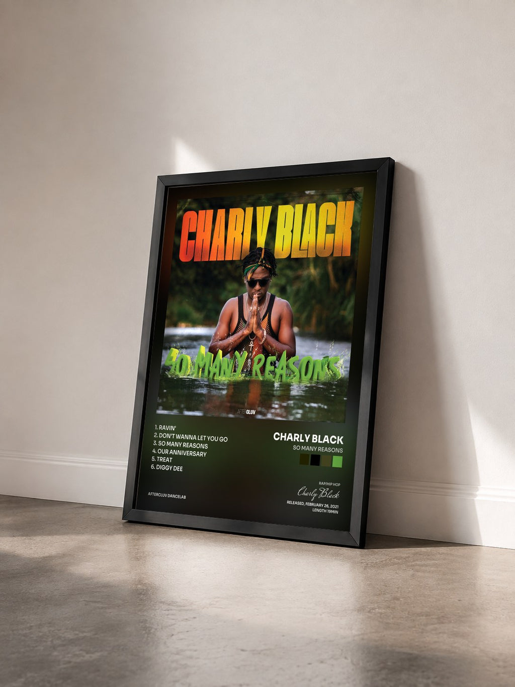 #noir Tableau de l'album So Many Reasons de Charly Black vu de trois quarts, cadre noir
