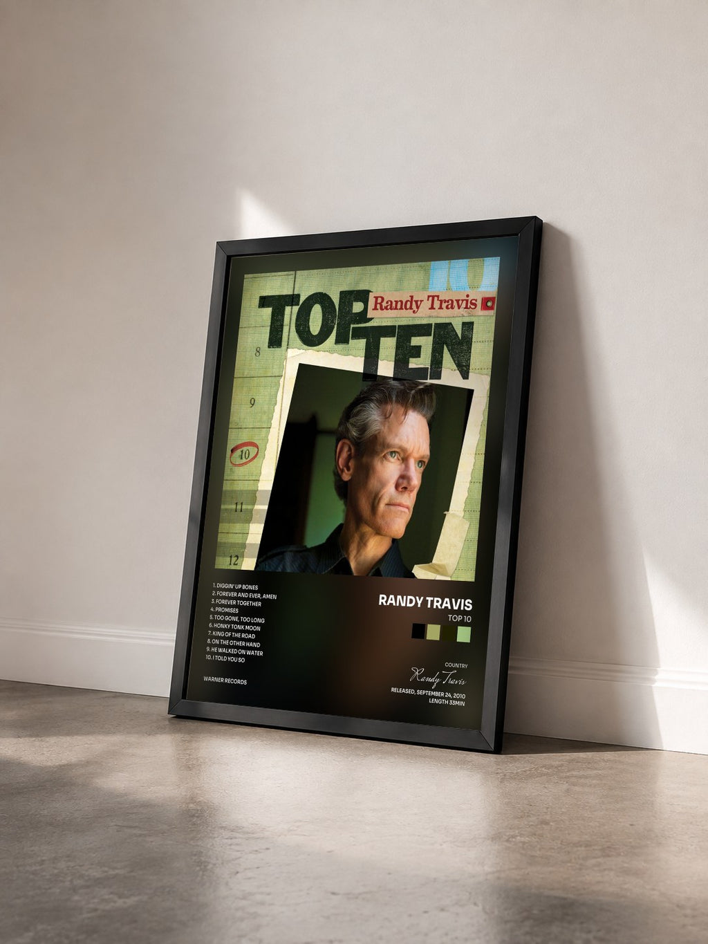 #noir Tableau de l'album Top 10 de Randy Travis vu de trois quarts, cadre noir