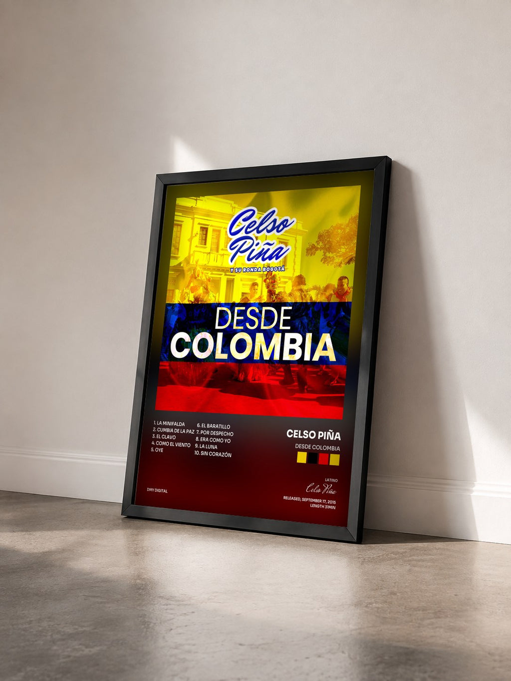 #noir Tableau de l'album Desde Colombia de Celso Piña vu de trois quarts, cadre noir