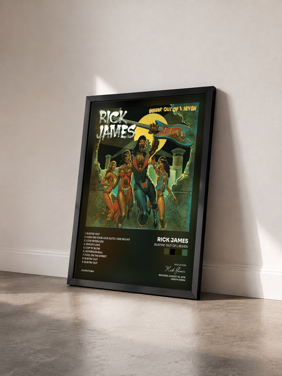 #noir Tableau de l'album Bustin' Out of L Seven de Rick James vu de trois quarts, cadre noir