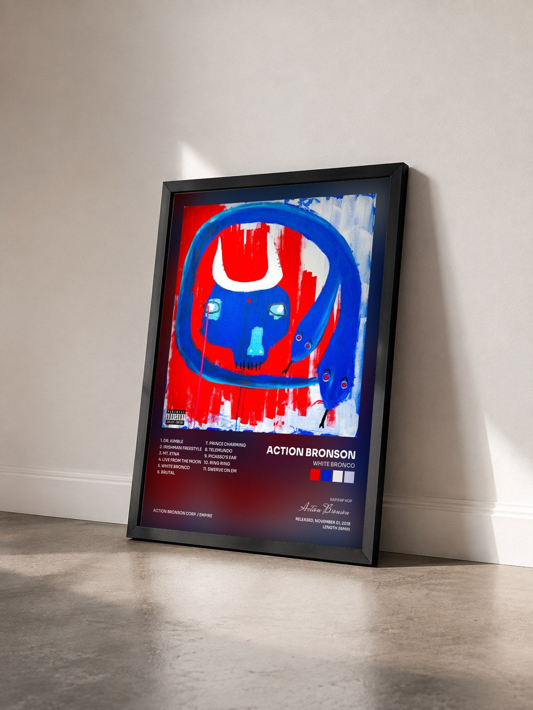 #noir Tableau de l'album White Bronco de Action Bronson vu de trois quarts, cadre noir