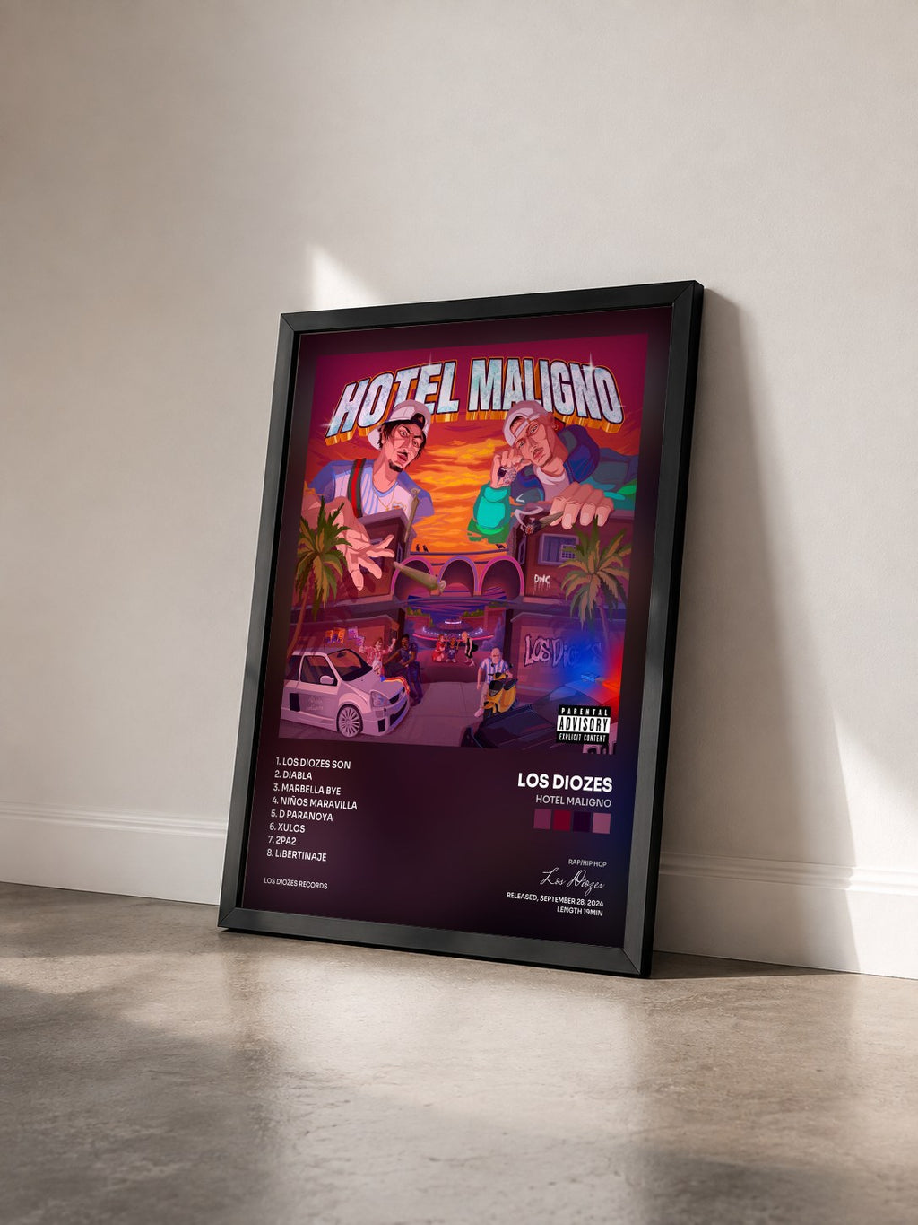 #noir Tableau de l'album HOTEL MALIGNO de Los Diozes vu de trois quarts, cadre noir