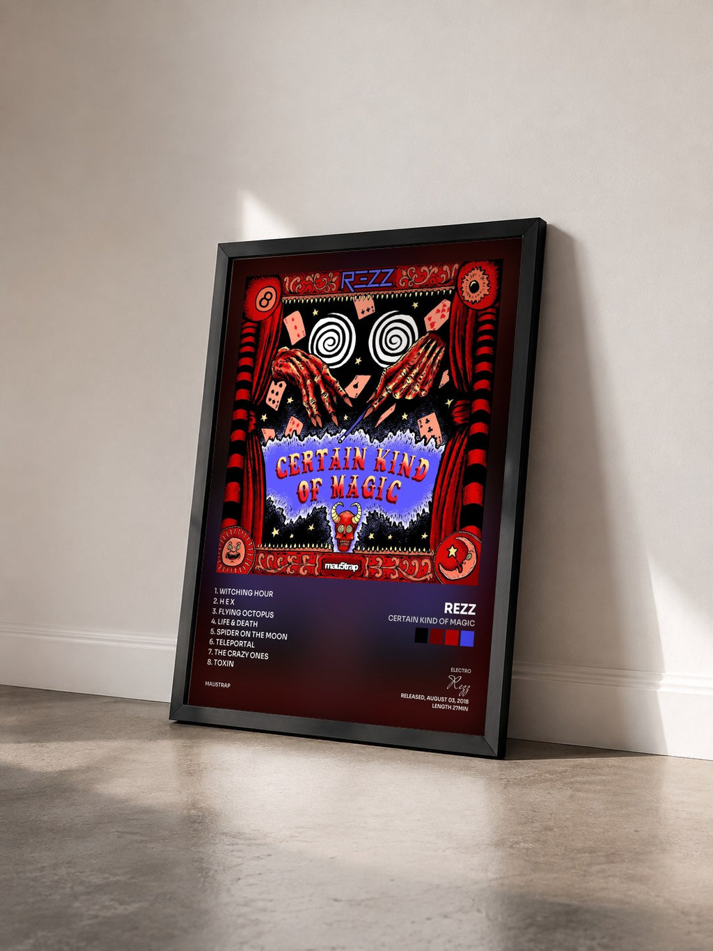 #noir Tableau de l'album Certain Kind of Magic de Rezz vu de trois quarts, cadre noir