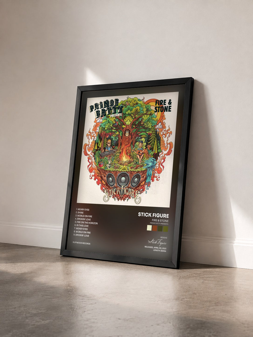 #noir Tableau de l'album Fire & Stone (Prince Fatty Presents) de Stick Figure vu de trois quarts, cadre noir
