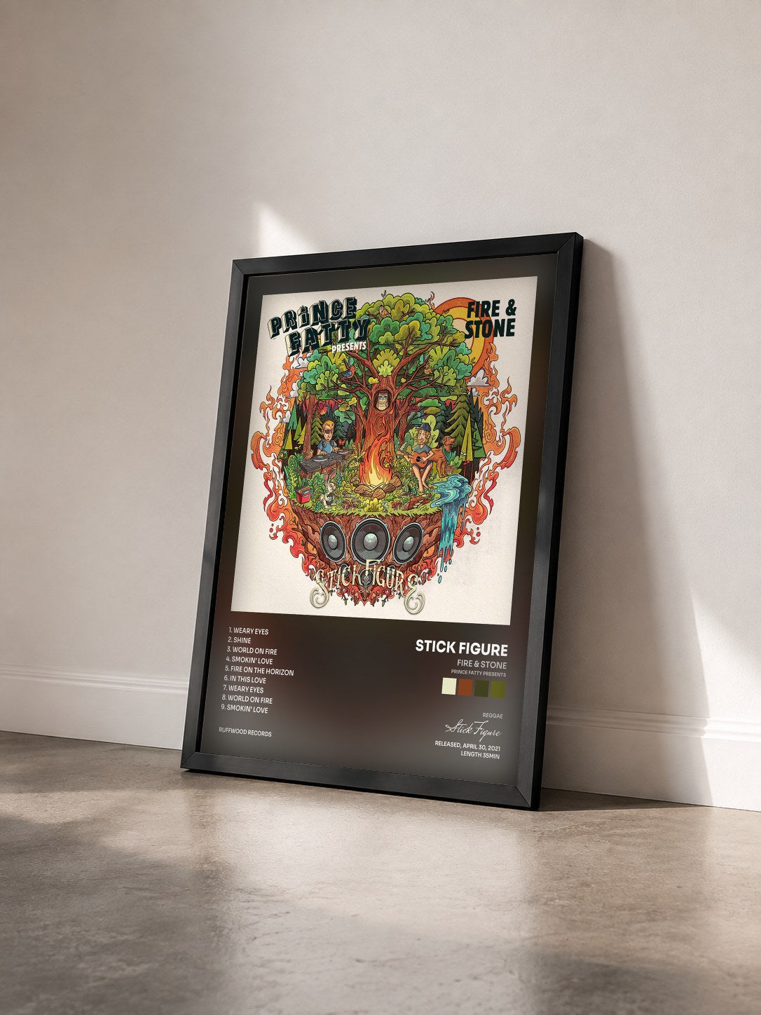 #noir Tableau de l'album Fire & Stone (Prince Fatty Presents) de Stick Figure vu de trois quarts, cadre noir