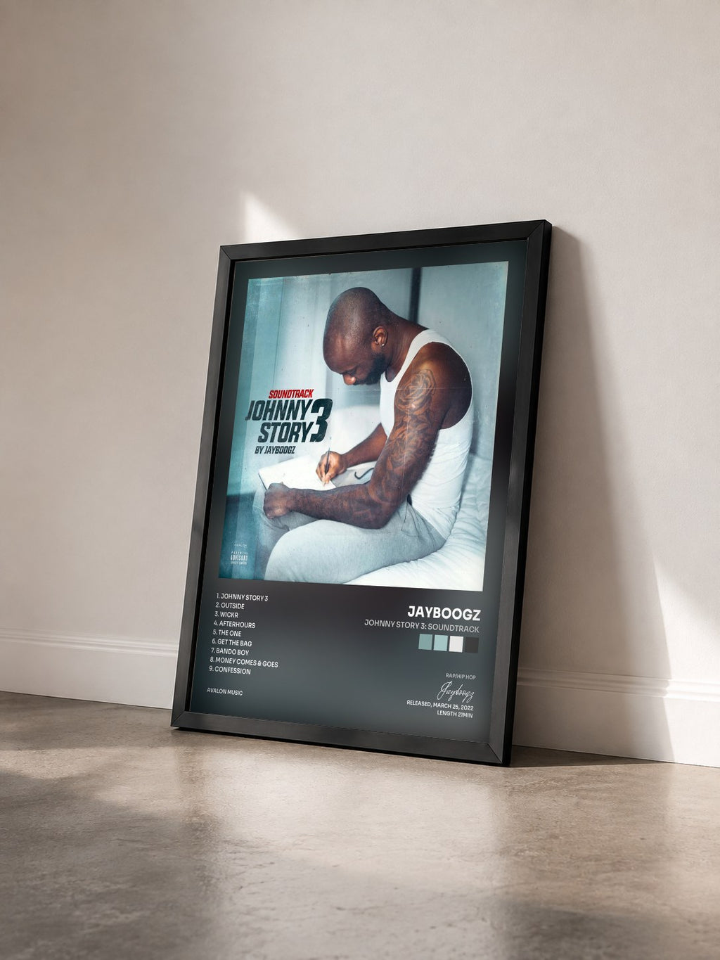 #noir Tableau de l'album Johnny Story 3: Soundtrack de Jayboogz vu de trois quarts, cadre noir
