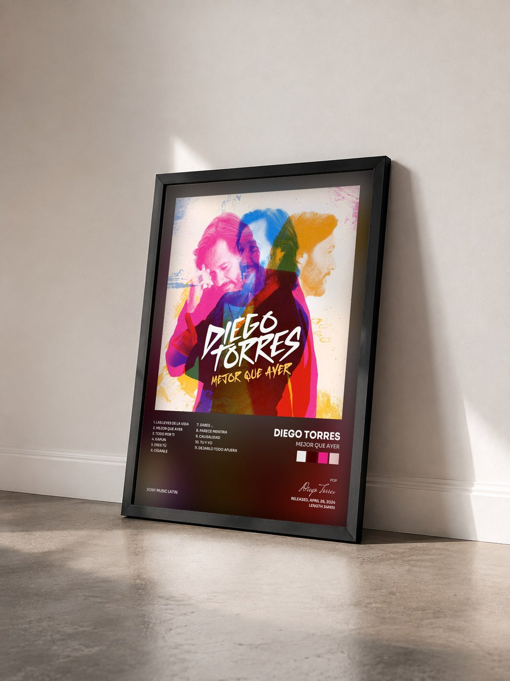 #noir Tableau de l'album Mejor Que Ayer de Diego Torres vu de trois quarts, cadre noir