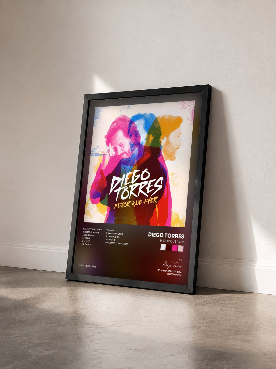 #noir Tableau de l'album Mejor Que Ayer de Diego Torres vu de trois quarts, cadre noir