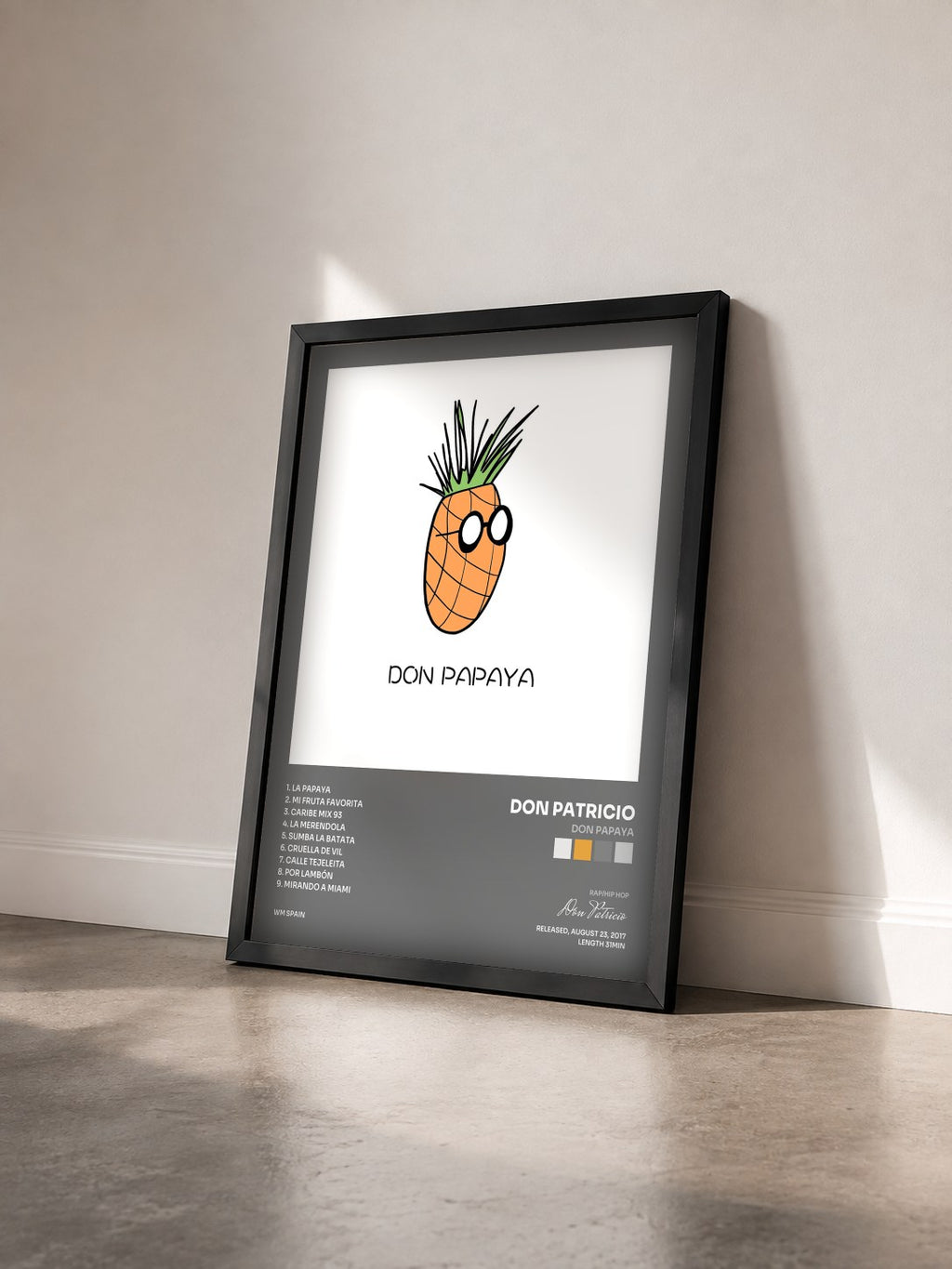 #noir Tableau de l'album Don Papaya de Don Patricio vu de trois quarts, cadre noir