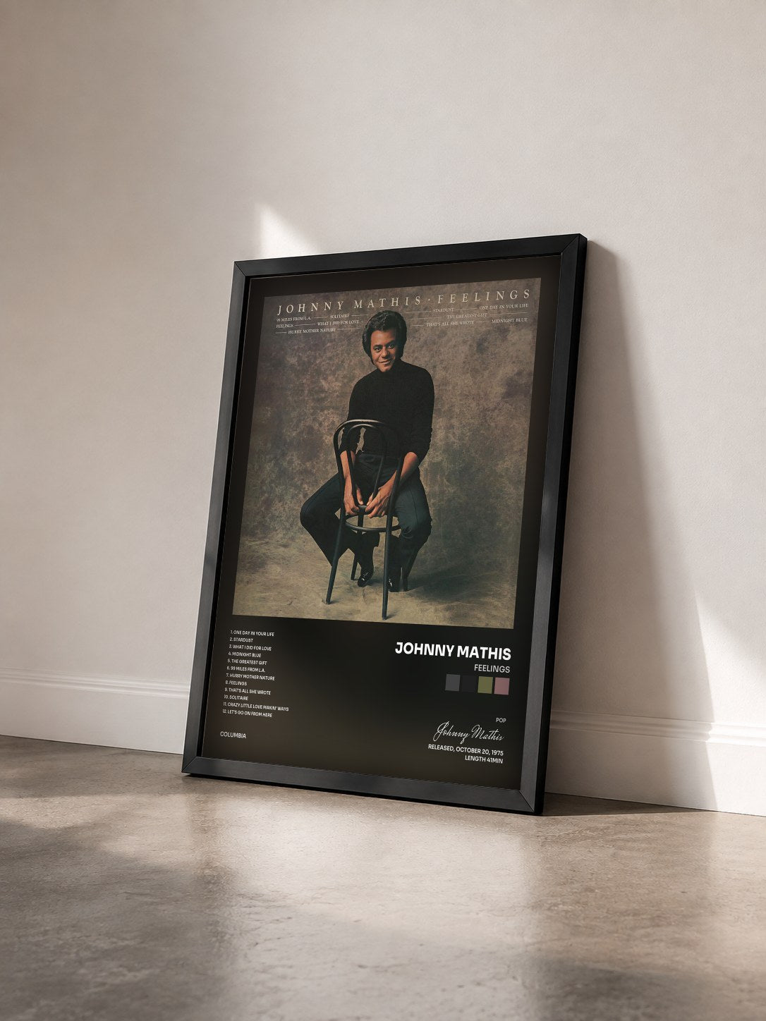 #noir Tableau de l'album Feelings de Johnny Mathis vu de trois quarts, cadre noir