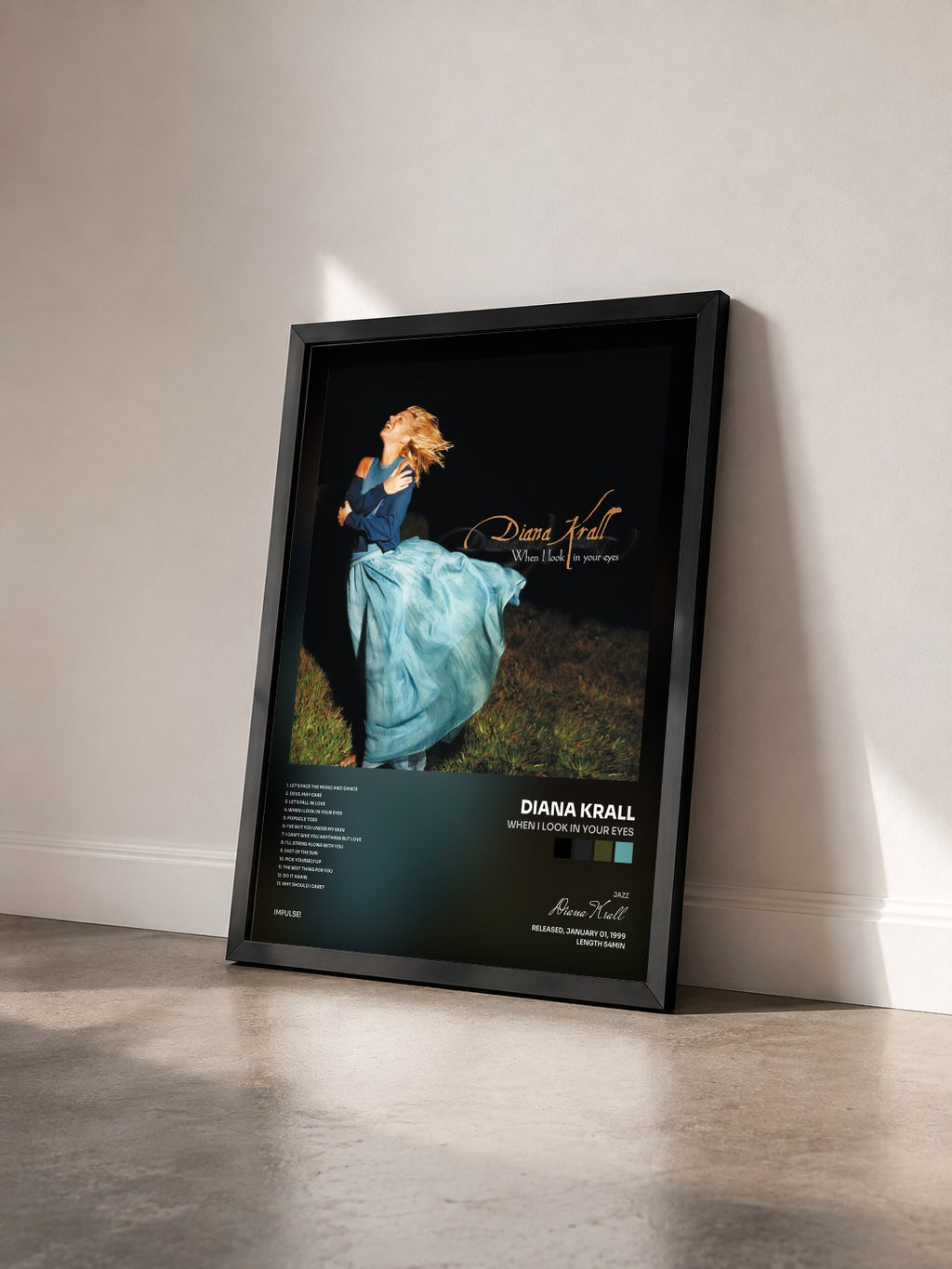 #noir Tableau de l'album When I Look In Your Eyes de Diana Krall vu de trois quarts, cadre noir