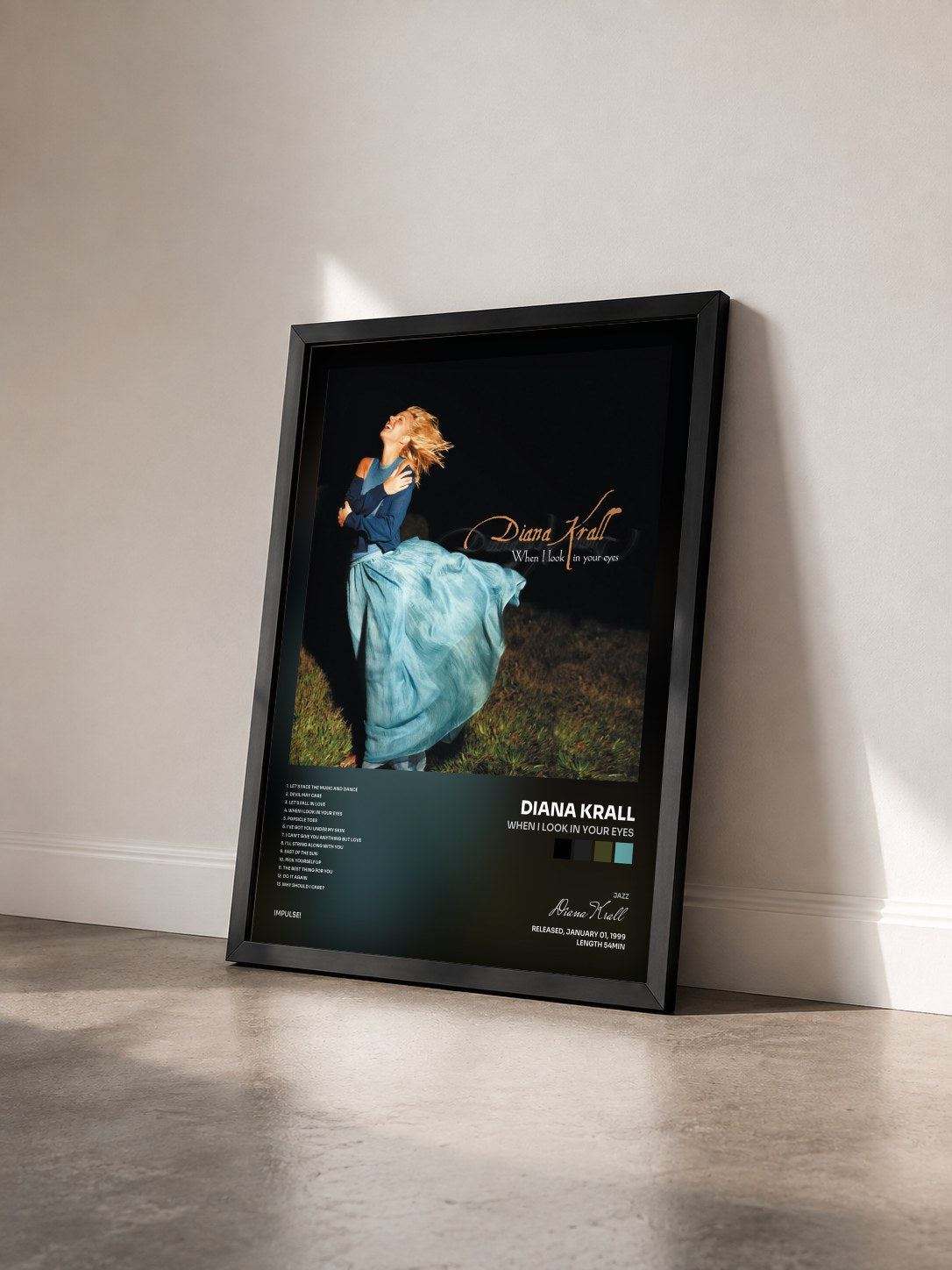 #noir Tableau de l'album When I Look In Your Eyes de Diana Krall vu de trois quarts, cadre noir