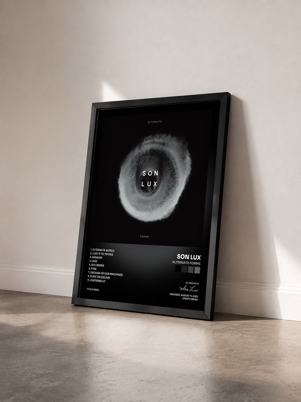 #noir Tableau de l'album Alternate Forms de Son Lux vu de trois quarts, cadre noir