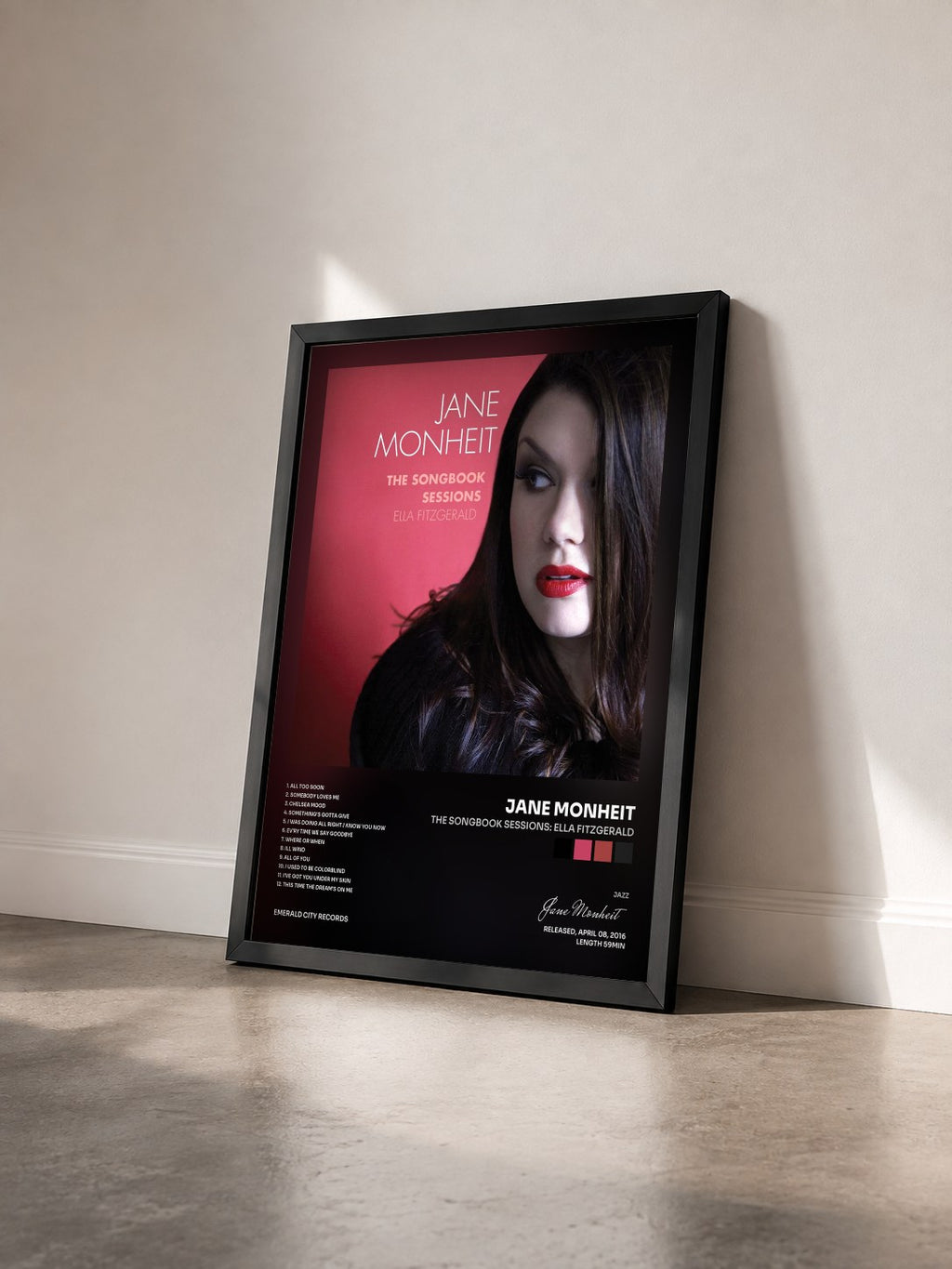 #noir Tableau de l'album The Songbook Sessions: Ella Fitzgerald de Jane Monheit vu de trois quarts, cadre noir