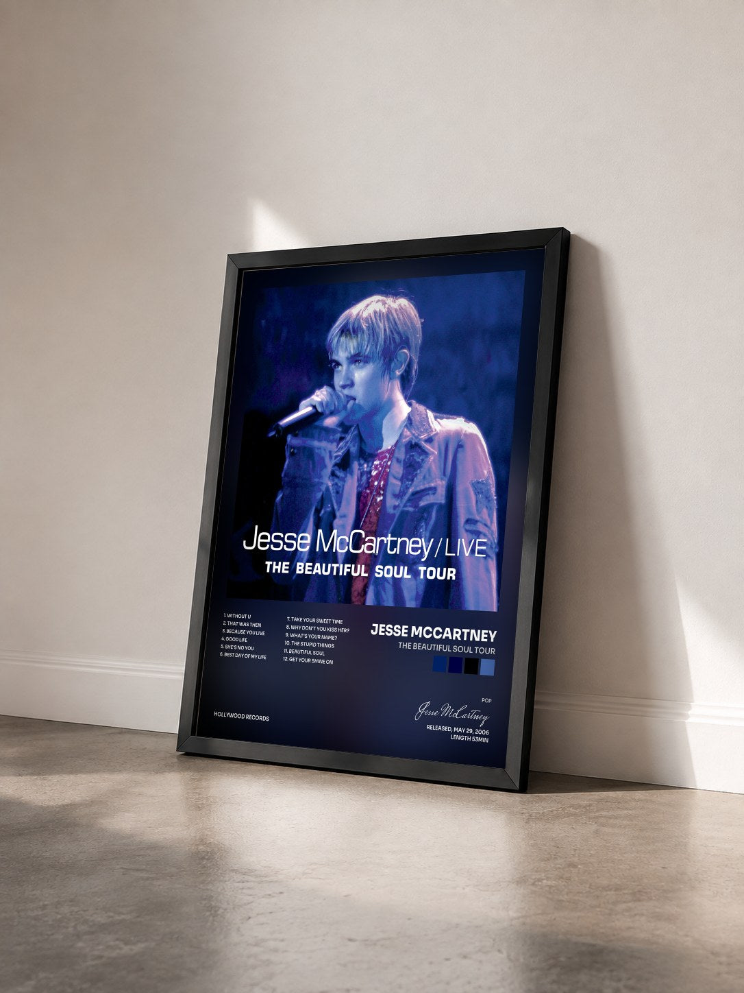 #noir Tableau de l'album The Beautiful Soul Tour de Jesse McCartney vu de trois quarts, cadre noir