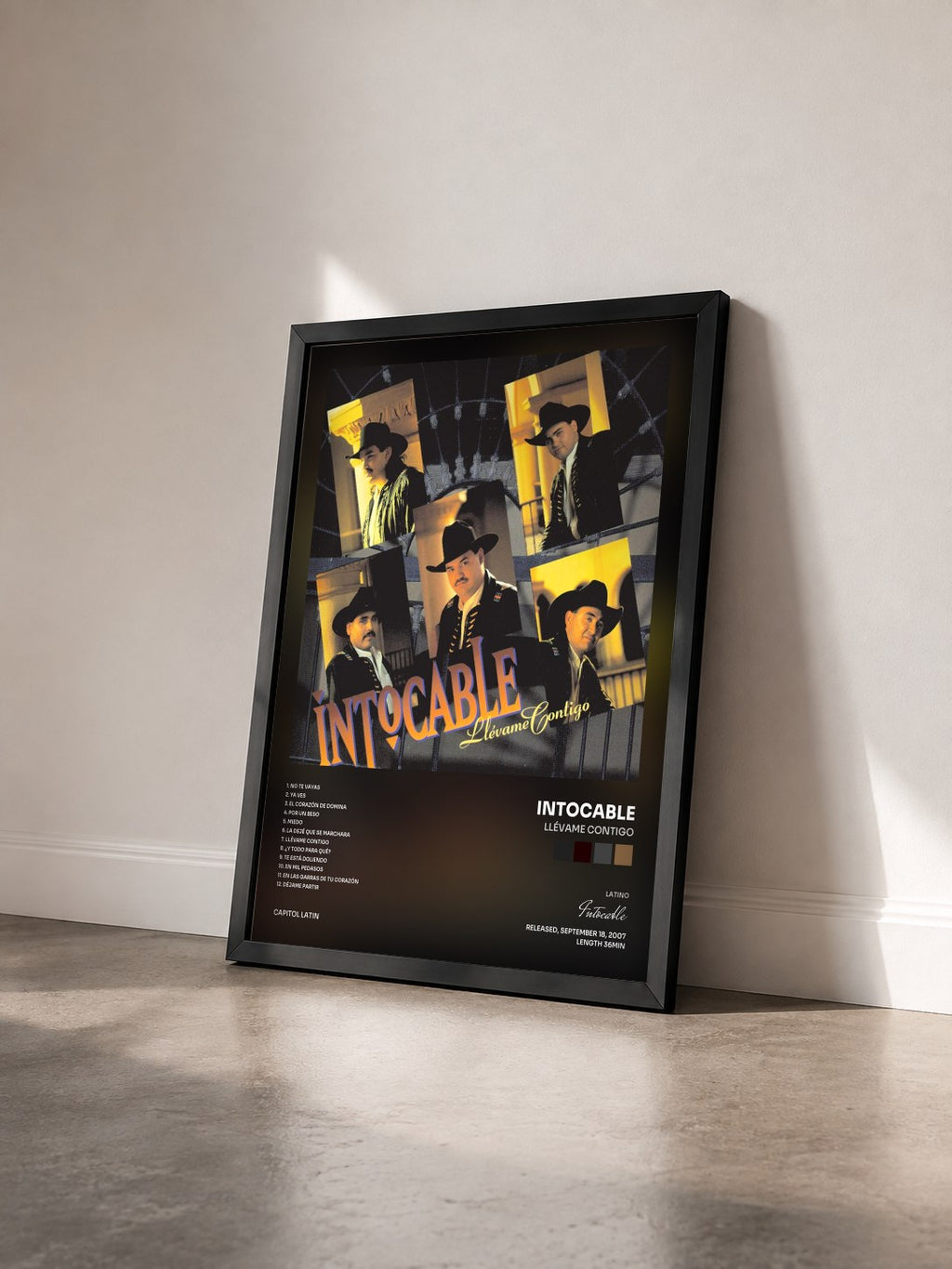 #noir Tableau de l'album Llévame Contigo de Intocable vu de trois quarts, cadre noir
