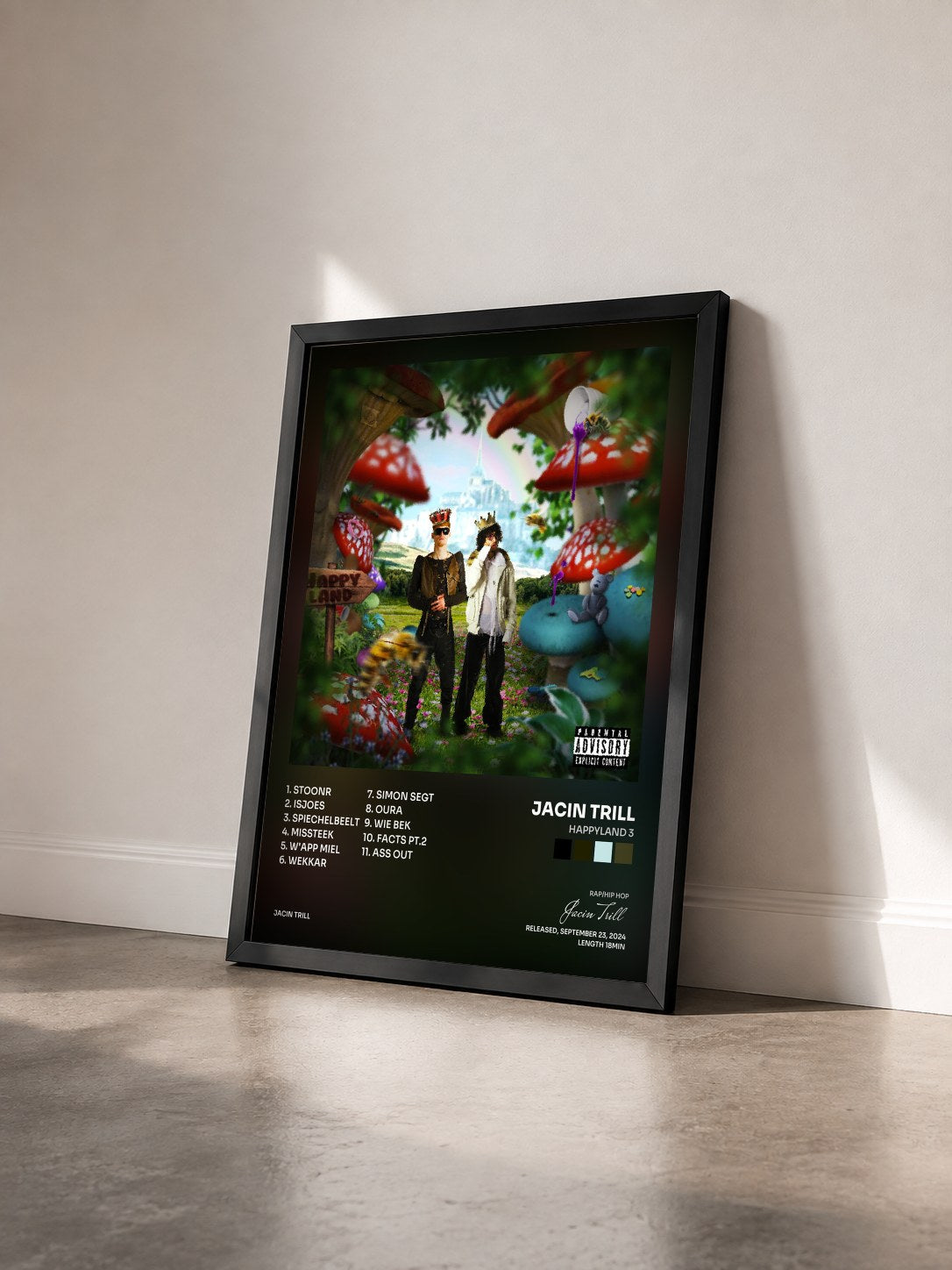 #noir Tableau de l'album Happyland 3 de Jacin Trill vu de trois quarts, cadre noir