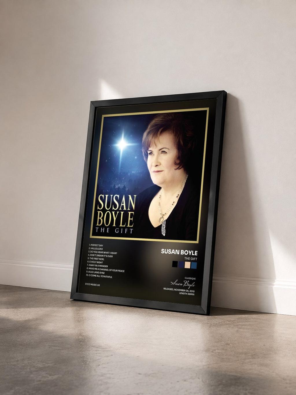 #noir Tableau de l'album The Gift de Susan Boyle vu de trois quarts, cadre noir