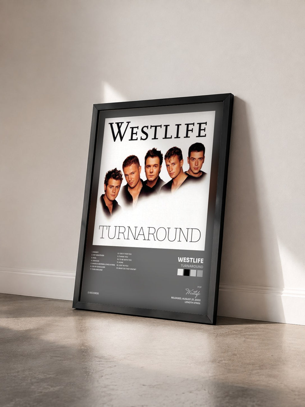 #noir Tableau de l'album Turnaround de Westlife vu de trois quarts, cadre noir