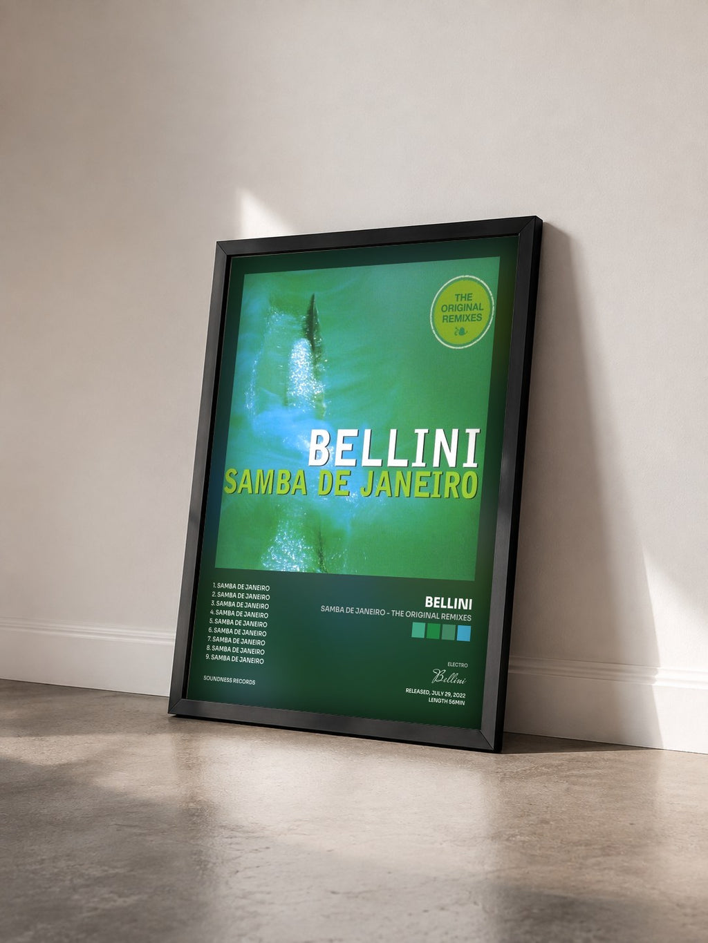 #noir Tableau de l'album Samba de Janeiro - The Original Remixes de Bellini vu de trois quarts, cadre noir