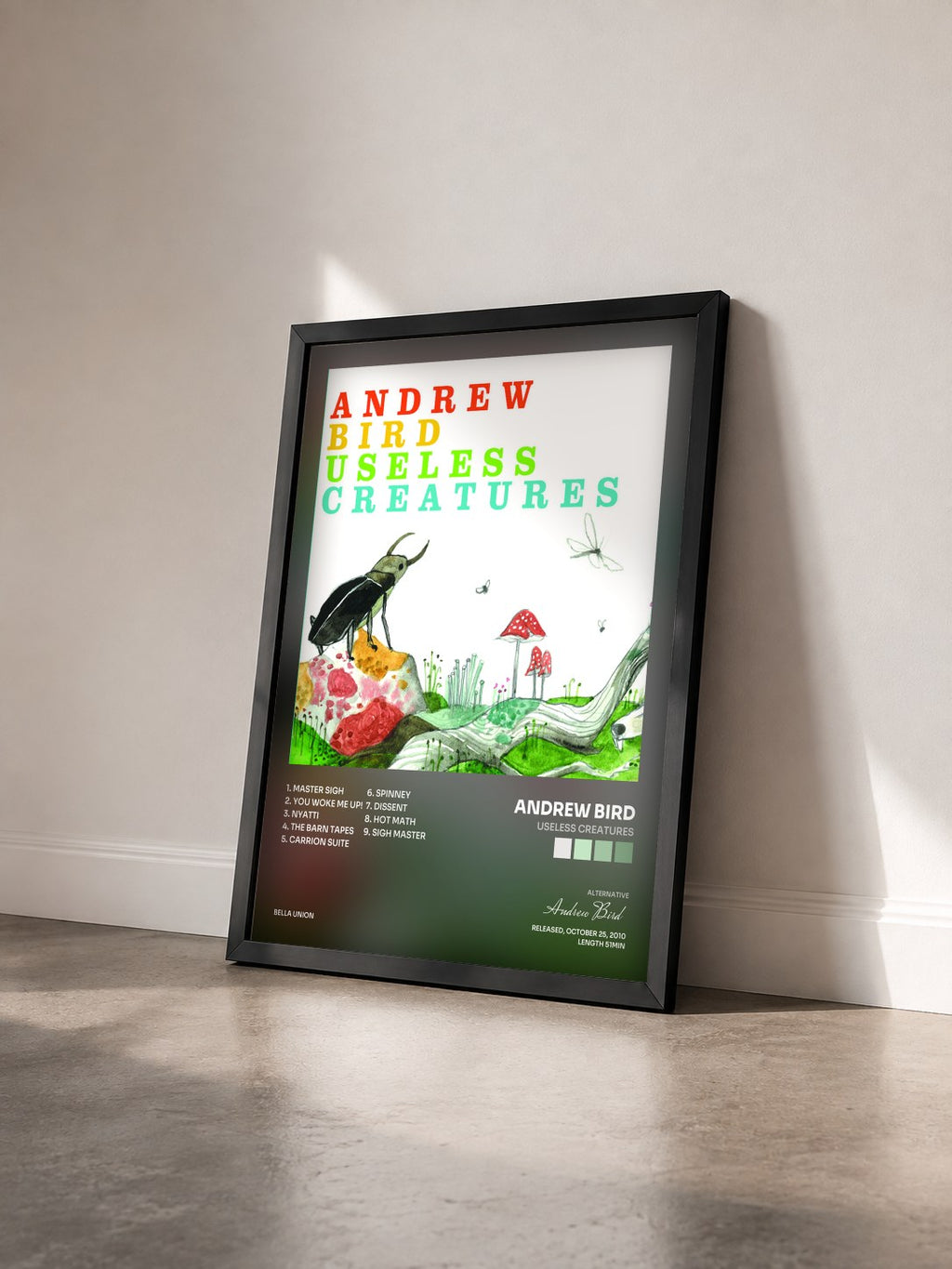 #noir Tableau de l'album Useless Creatures de Andrew Bird vu de trois quarts, cadre noir