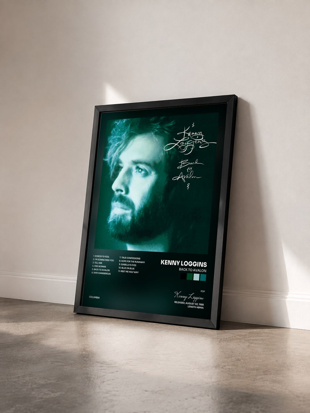 #noir Tableau de l'album Back To Avalon de Kenny Loggins vu de trois quarts, cadre noir