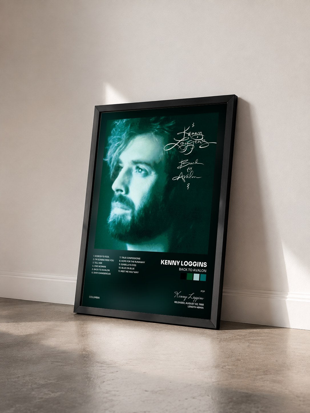 #noir Tableau de l'album Back To Avalon de Kenny Loggins vu de trois quarts, cadre noir