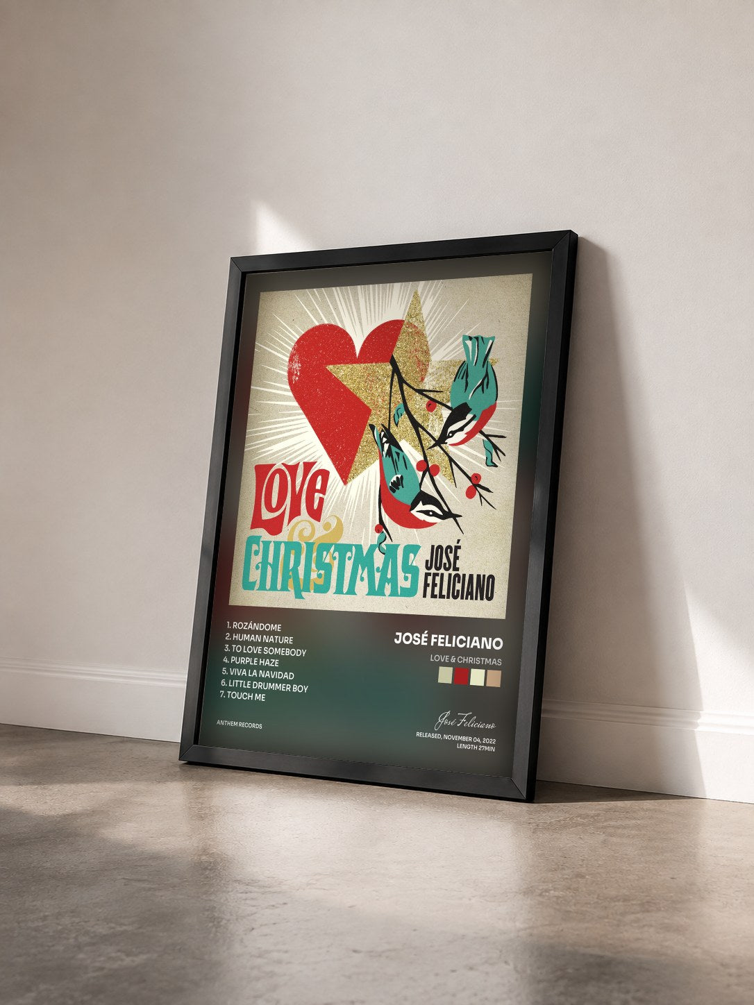 #noir Tableau de l'album Love & Christmas de José Feliciano vu de trois quarts, cadre noir