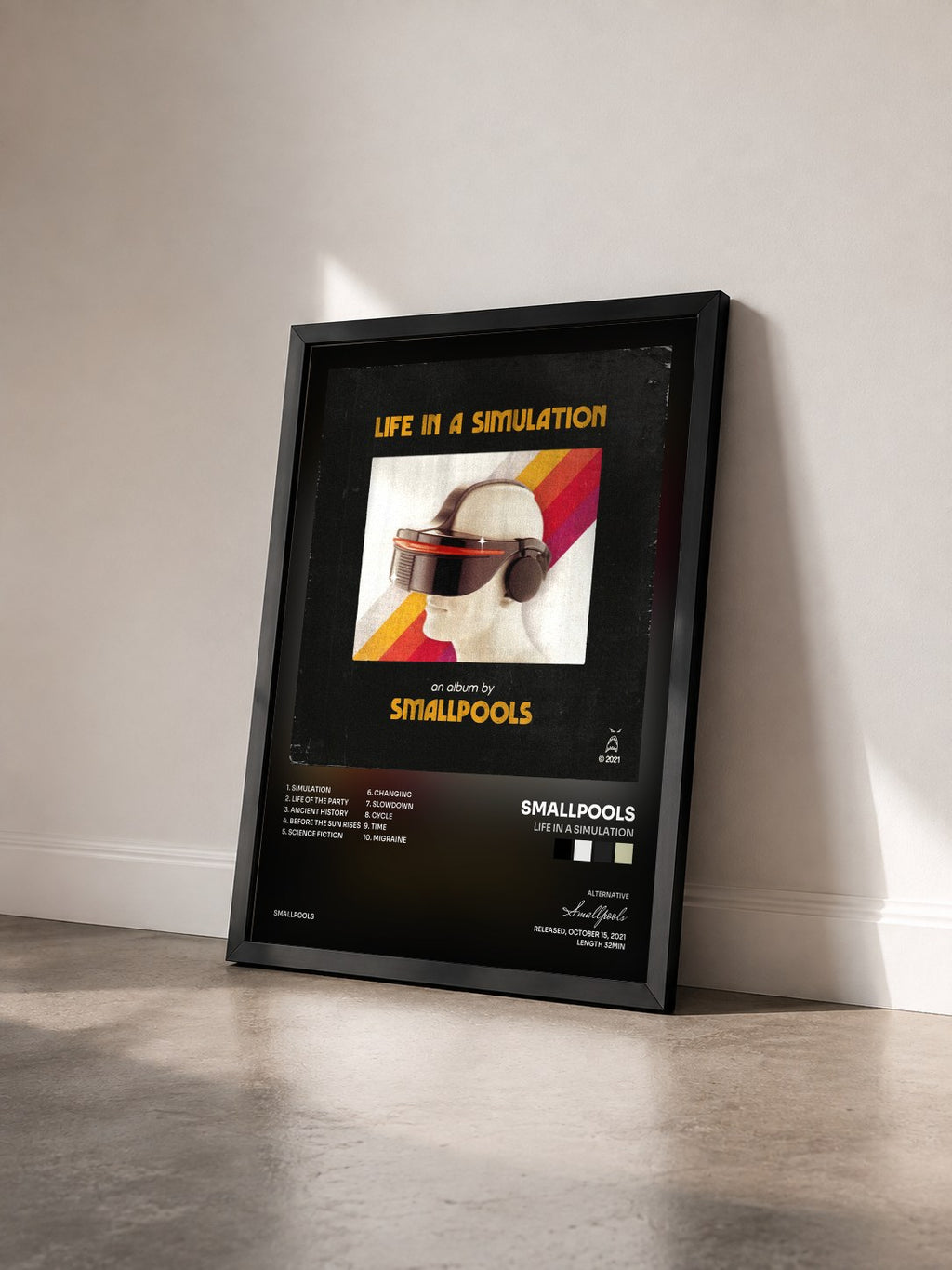 #noir Tableau de l'album LIFE IN A SIMULATION de Smallpools vu de trois quarts, cadre noir