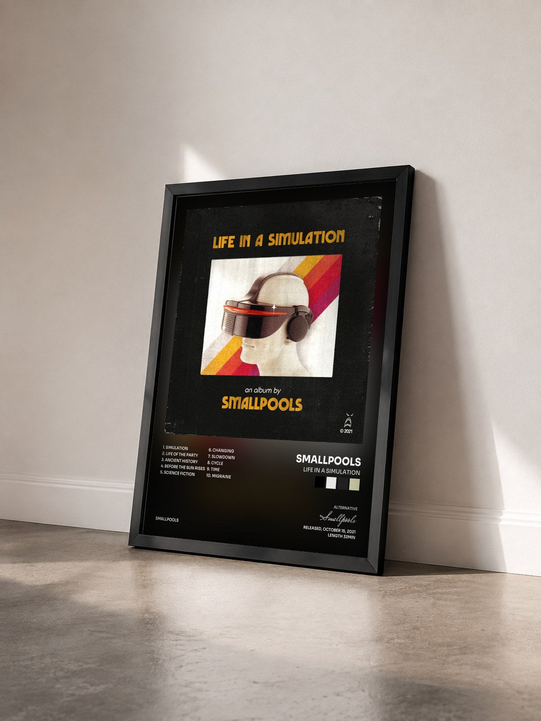 #noir Tableau de l'album LIFE IN A SIMULATION de Smallpools vu de trois quarts, cadre noir
