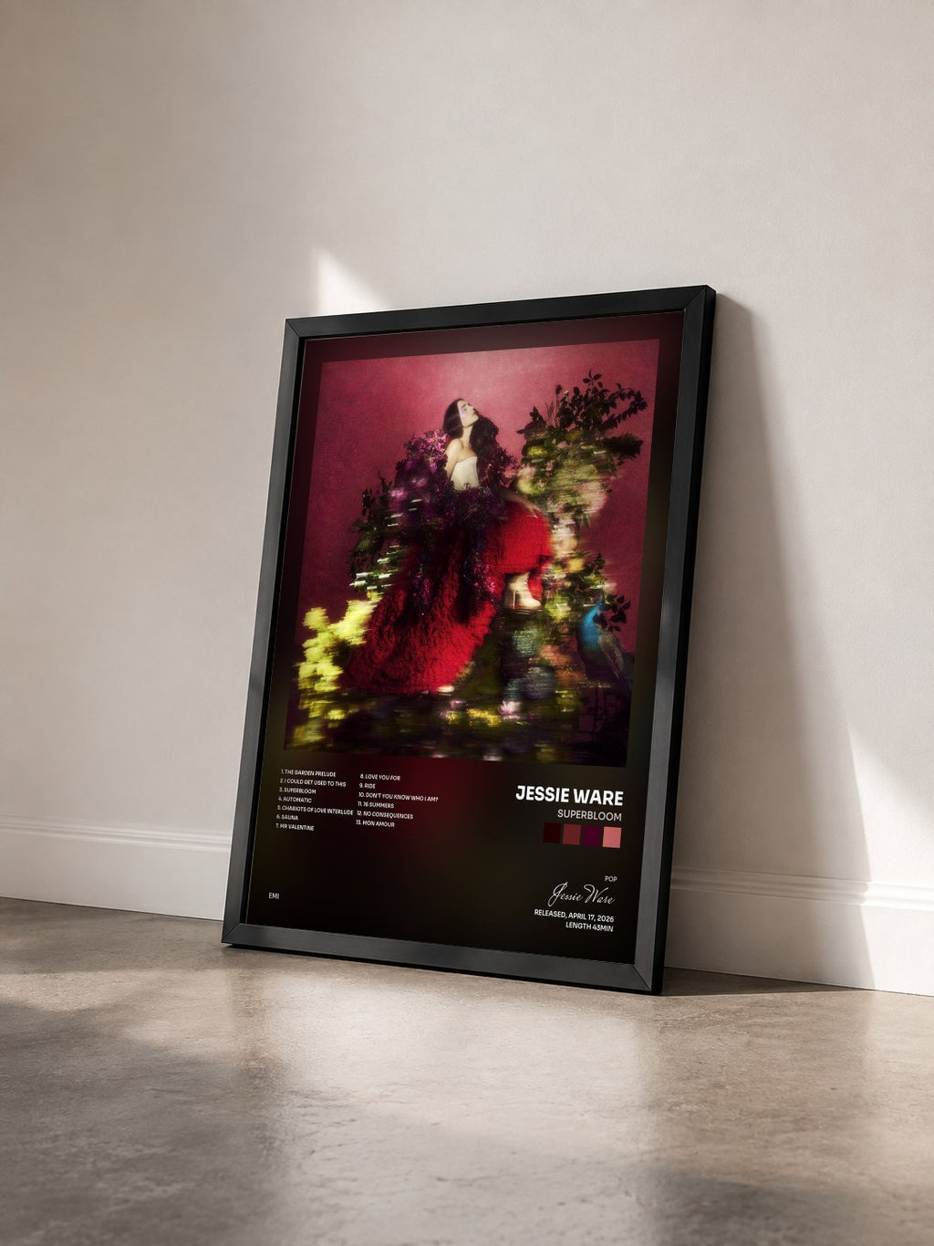 #noir Tableau de l'album Superbloom de Jessie Ware vu de trois quarts, cadre noir