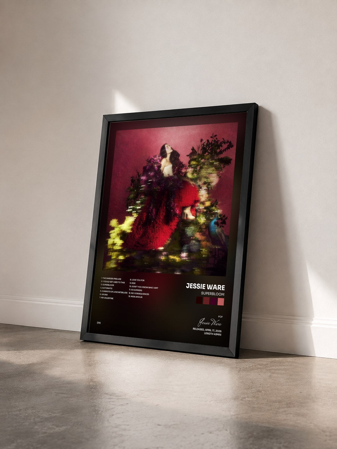 #noir Tableau de l'album Superbloom de Jessie Ware vu de trois quarts, cadre noir