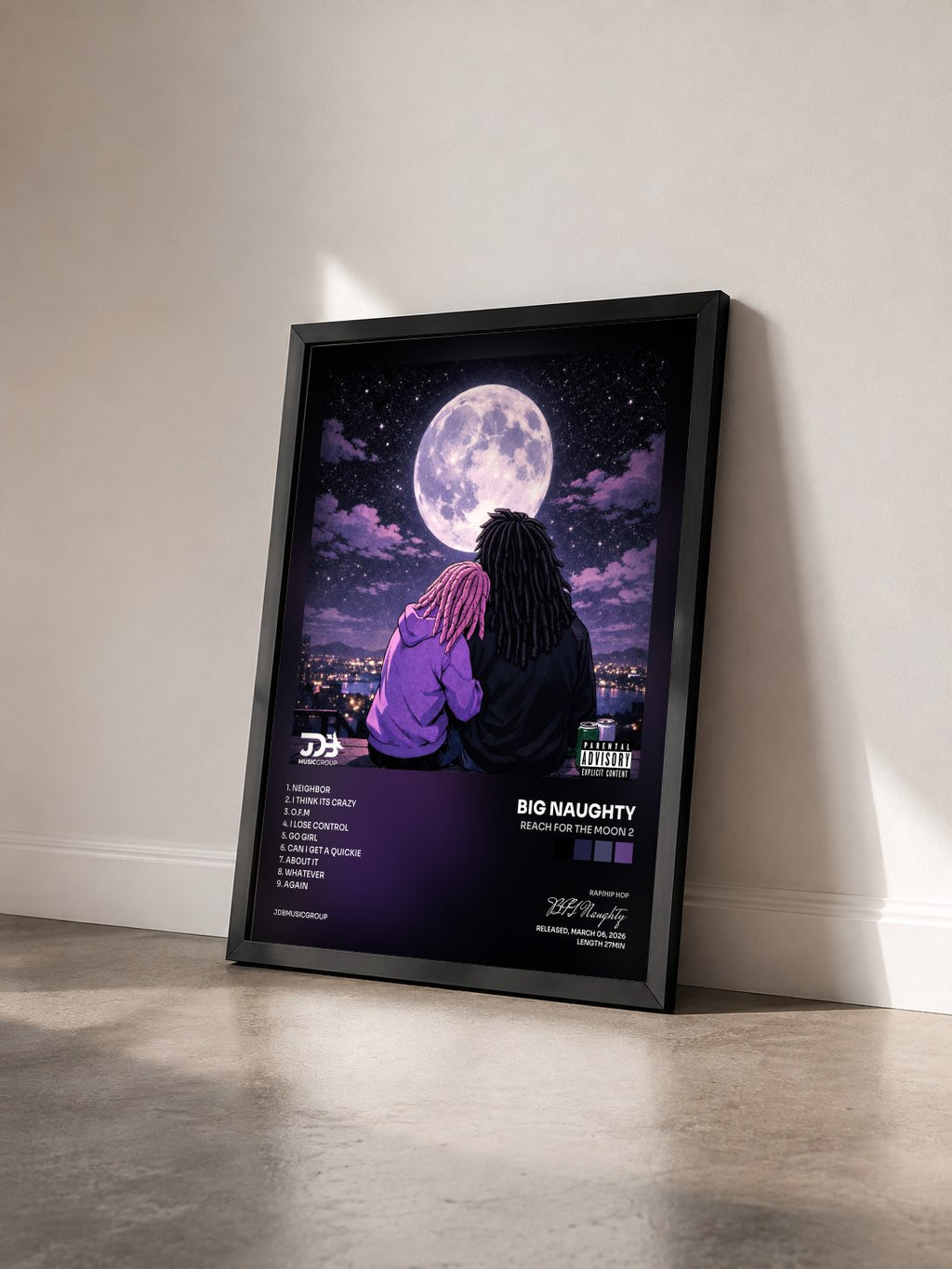 #noir Tableau de l'album Reach For The Moon 2 de BIG Naughty vu de trois quarts, cadre noir