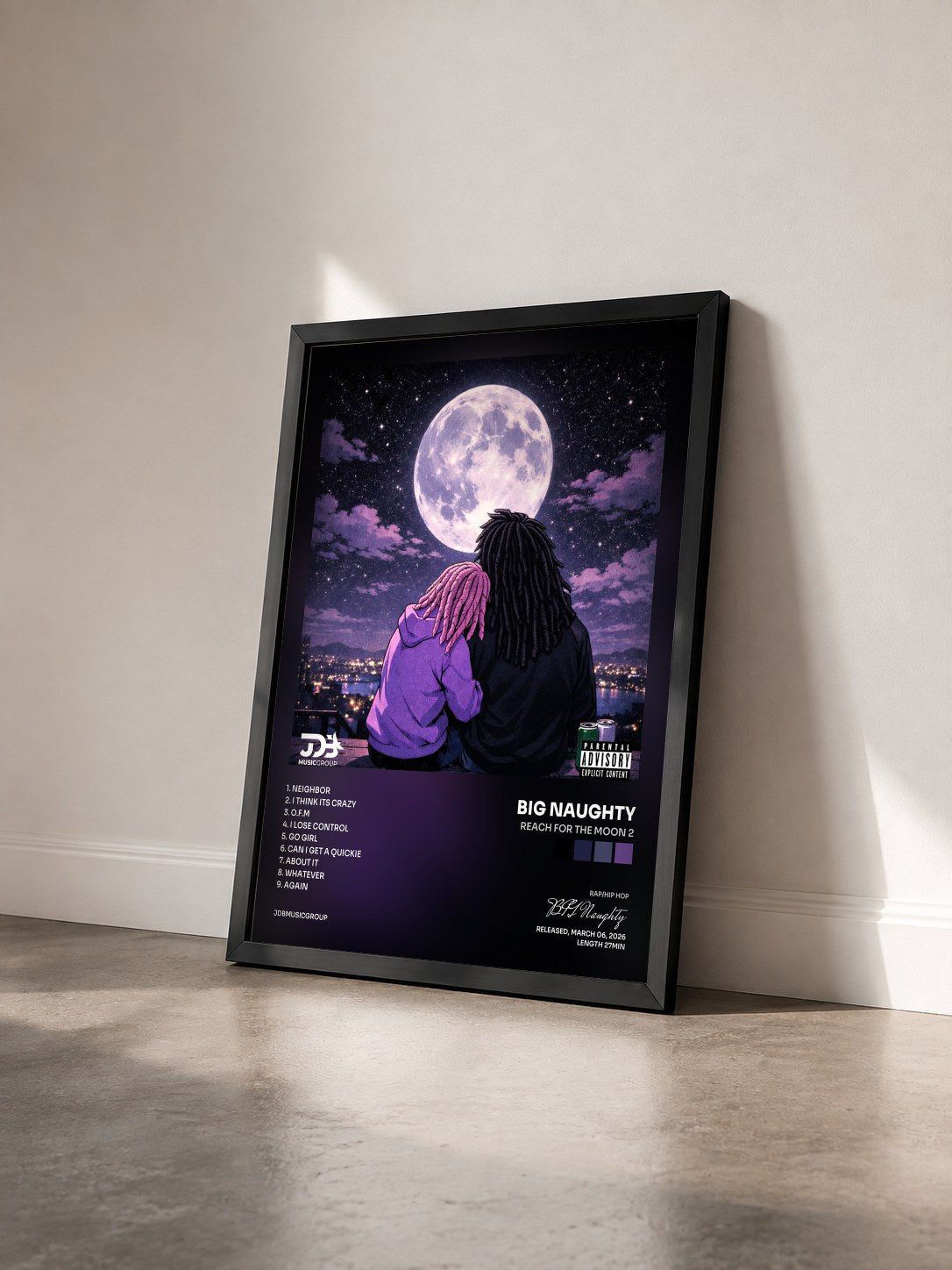 #noir Tableau de l'album Reach For The Moon 2 de BIG Naughty vu de trois quarts, cadre noir