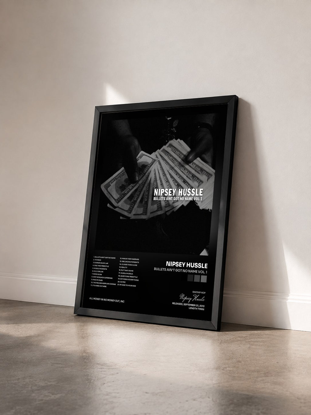 #noir Tableau de l'album Bullets Ain't Got No Name Vol. 1 de Nipsey Hussle vu de trois quarts, cadre noir