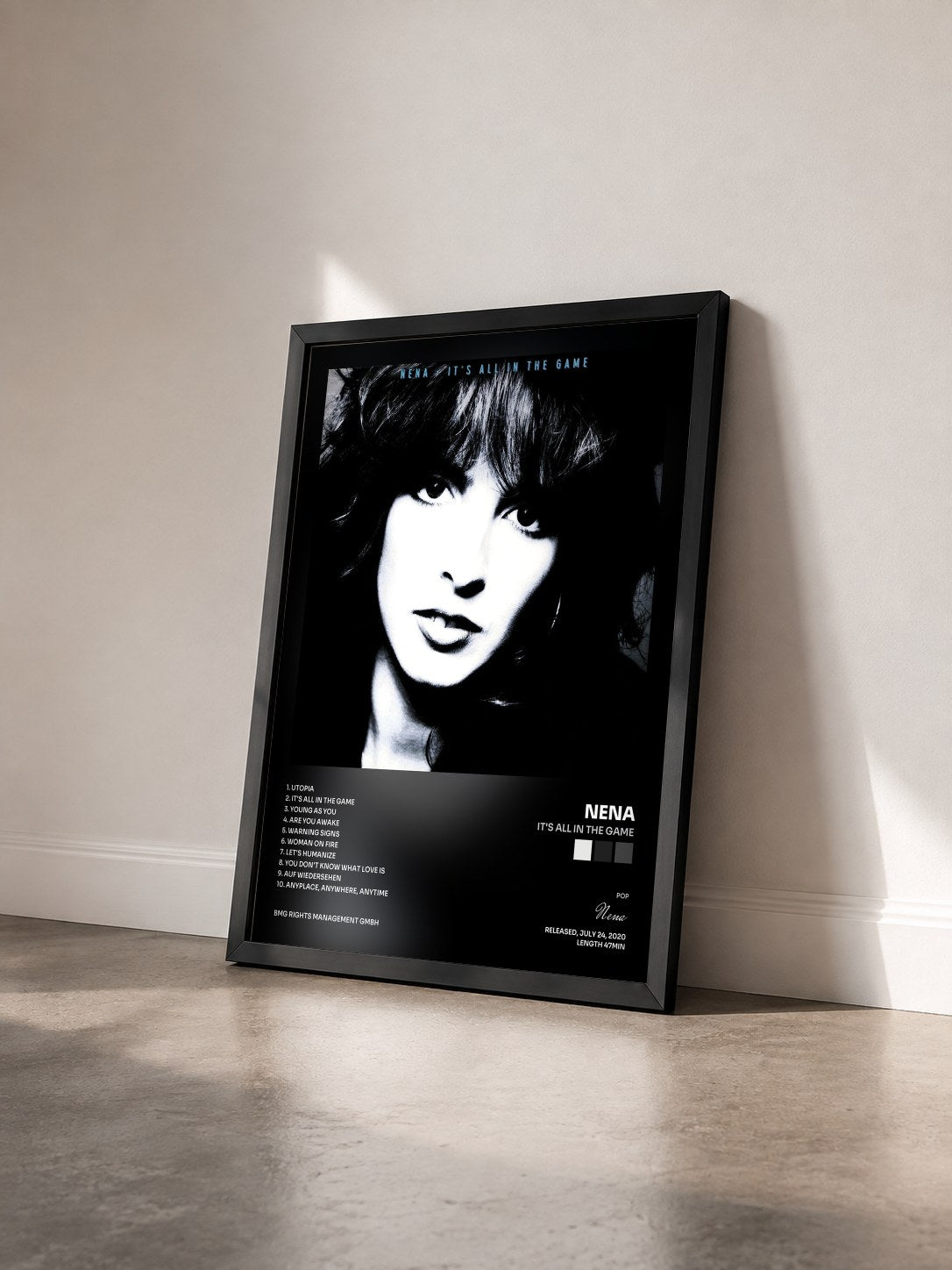 #noir Tableau de l'album It's All in the Game de Nena vu de trois quarts, cadre noir