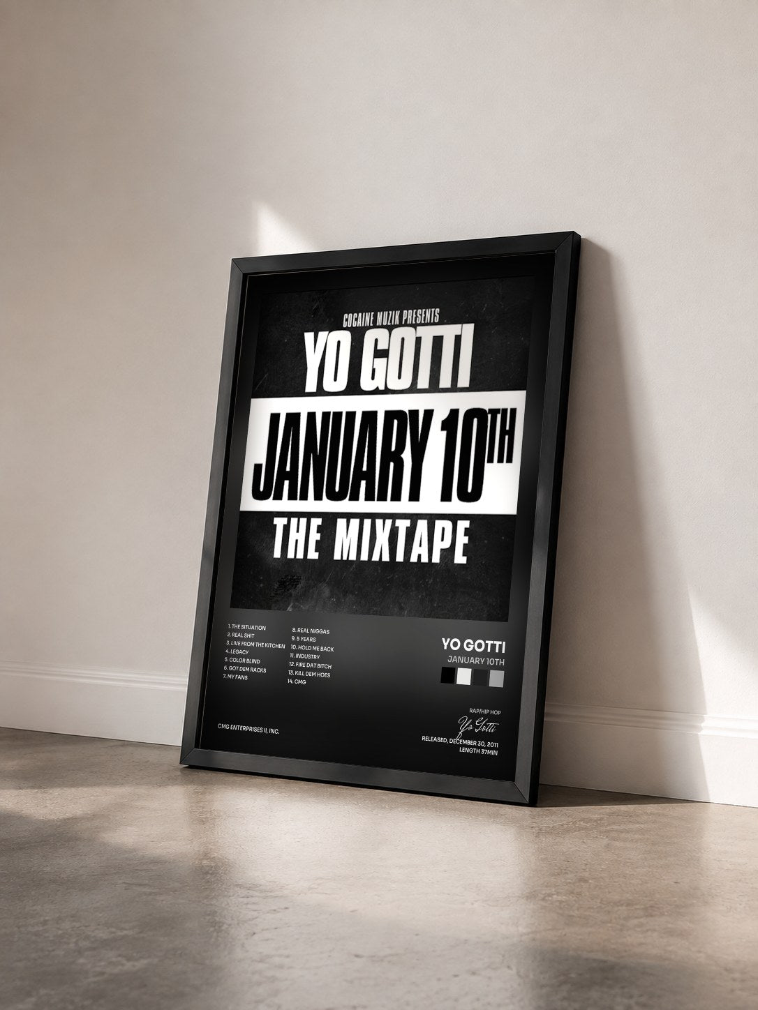 #noir Tableau de l'album January 10th de Yo Gotti vu de trois quarts, cadre noir