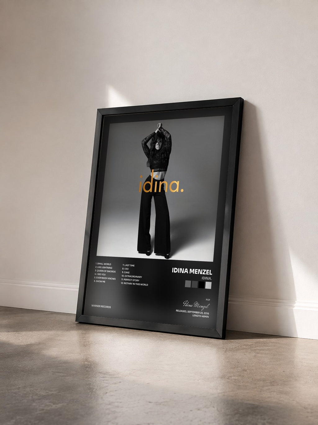 #noir Tableau de l'album idina. de Idina Menzel vu de trois quarts, cadre noir