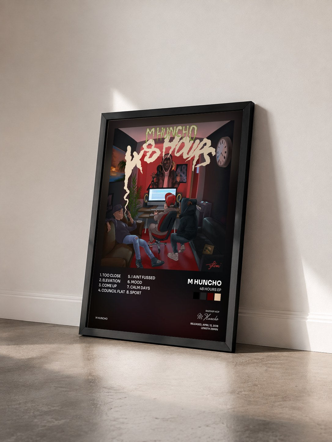 #noir Tableau de l'album 48 Hours EP de M Huncho vu de trois quarts, cadre noir