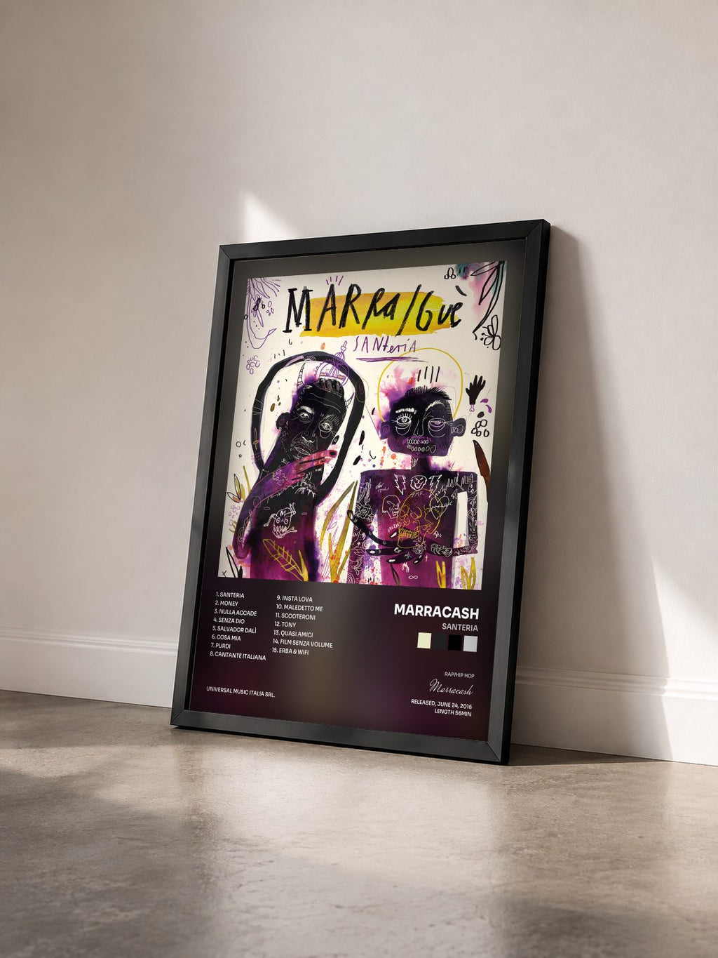#noir Tableau de l'album Santeria de Marracash vu de trois quarts, cadre noir