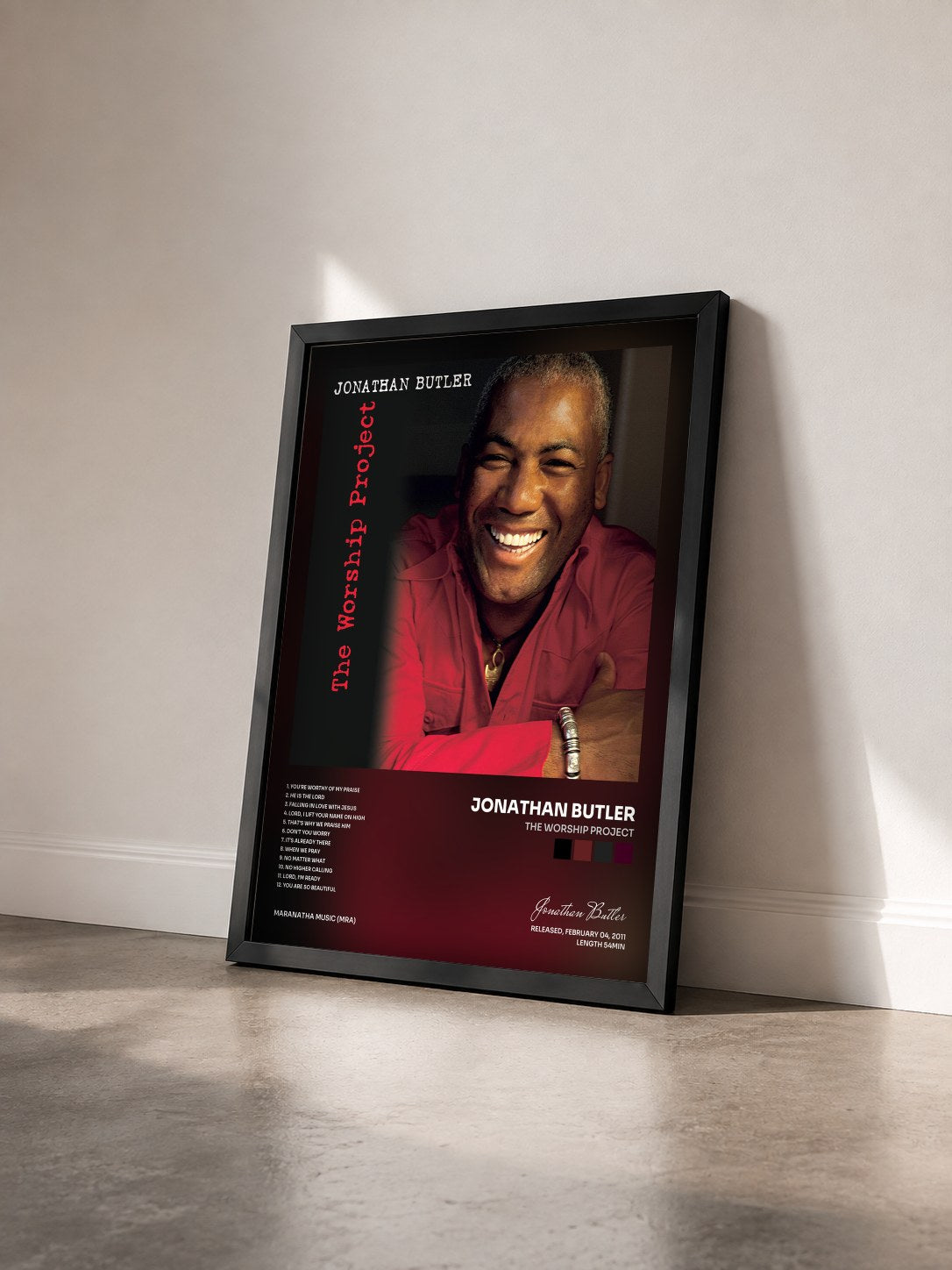 #noir Tableau de l'album The Worship Project de Jonathan Butler vu de trois quarts, cadre noir