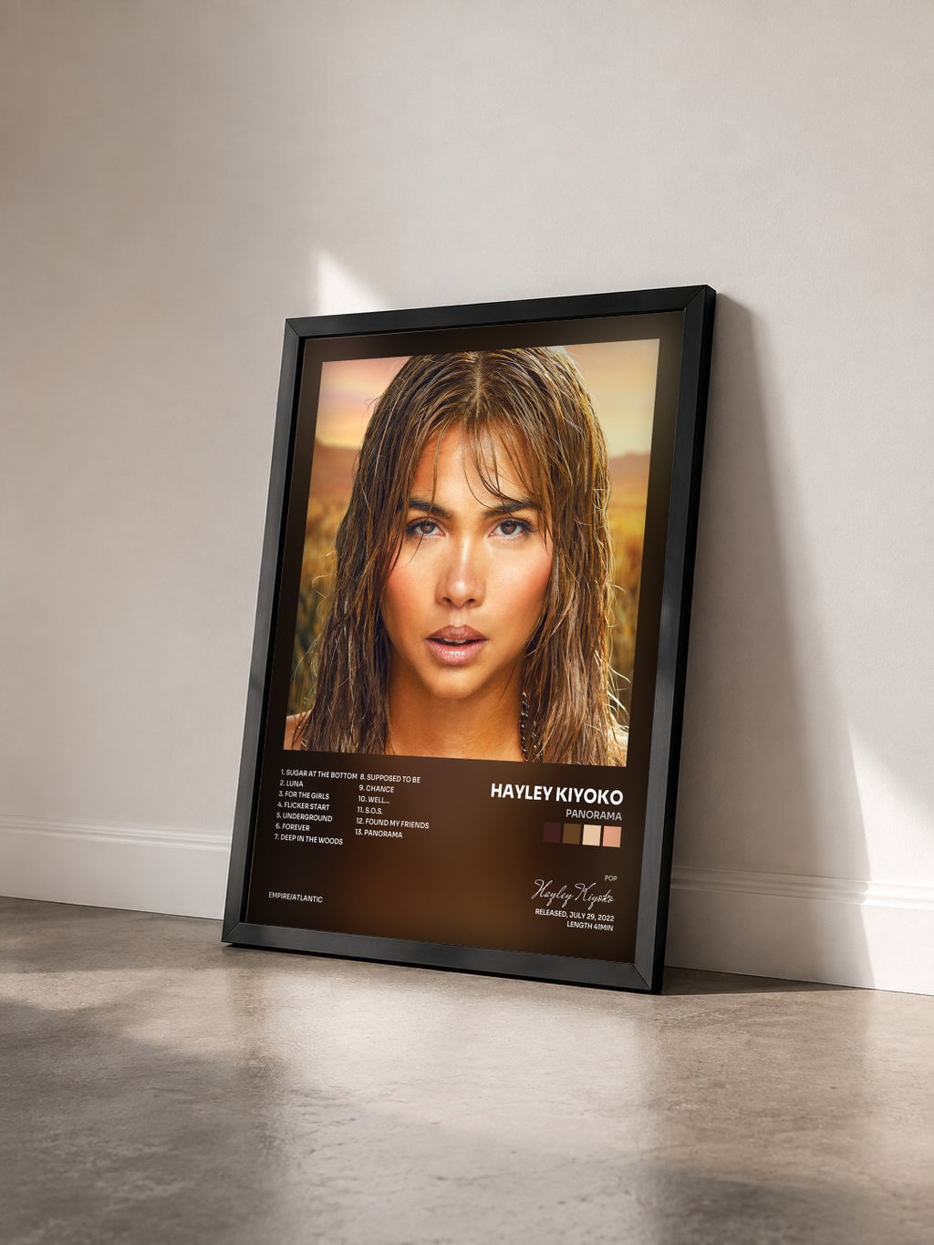 #noir Tableau de l'album PANORAMA de Hayley Kiyoko vu de trois quarts, cadre noir
